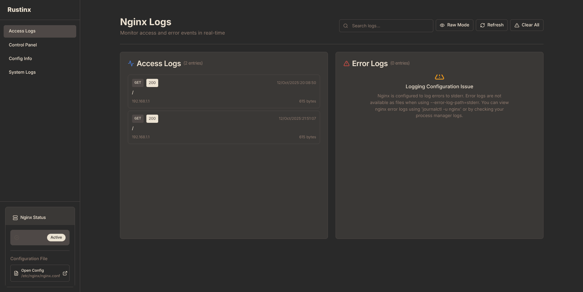 Rustinx application interface showing Nginx server monitoring dashboard